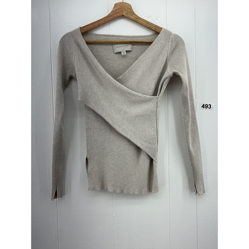 Brochu Walker Ribbed Wrap Front Top Oatmeal Beige PHS3406 XS